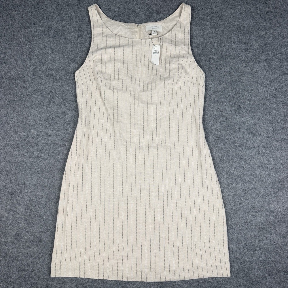 Banana Republic Linen Blend Pinstripe Sleeveless Shift Dress Beige Size 8 NWT